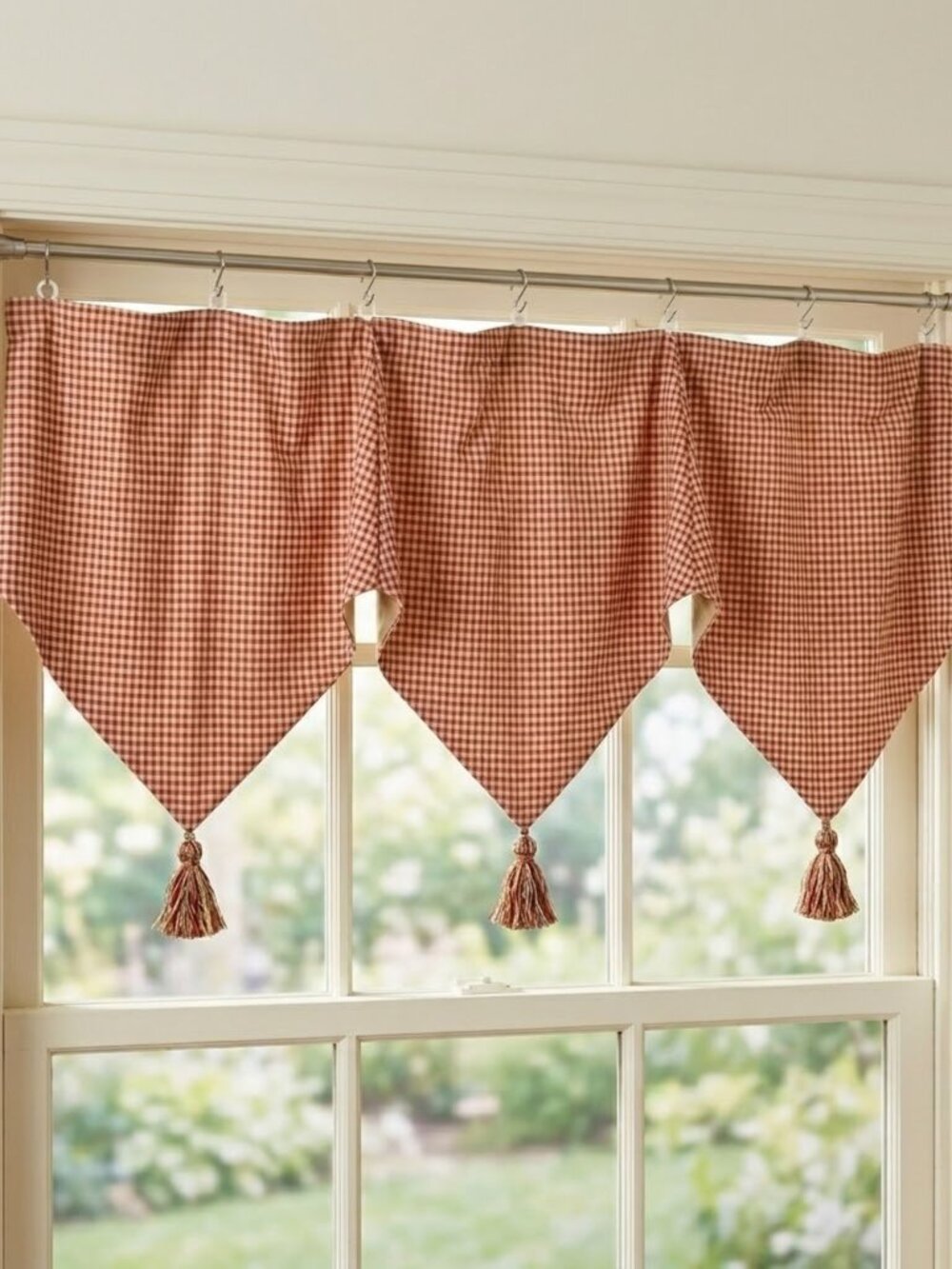 Vintage French Country Plaid Pendant Curtain Valance Set of 2 Red Gingham Pair